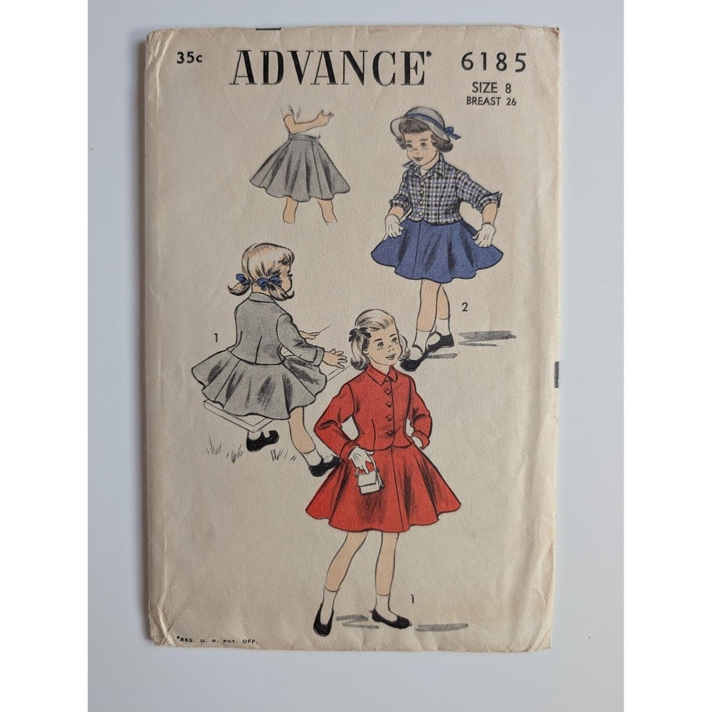 Advance 6185 Girls Suit and Skirt Sewing Pattern Size 8 Breast 26 VTG 1950s